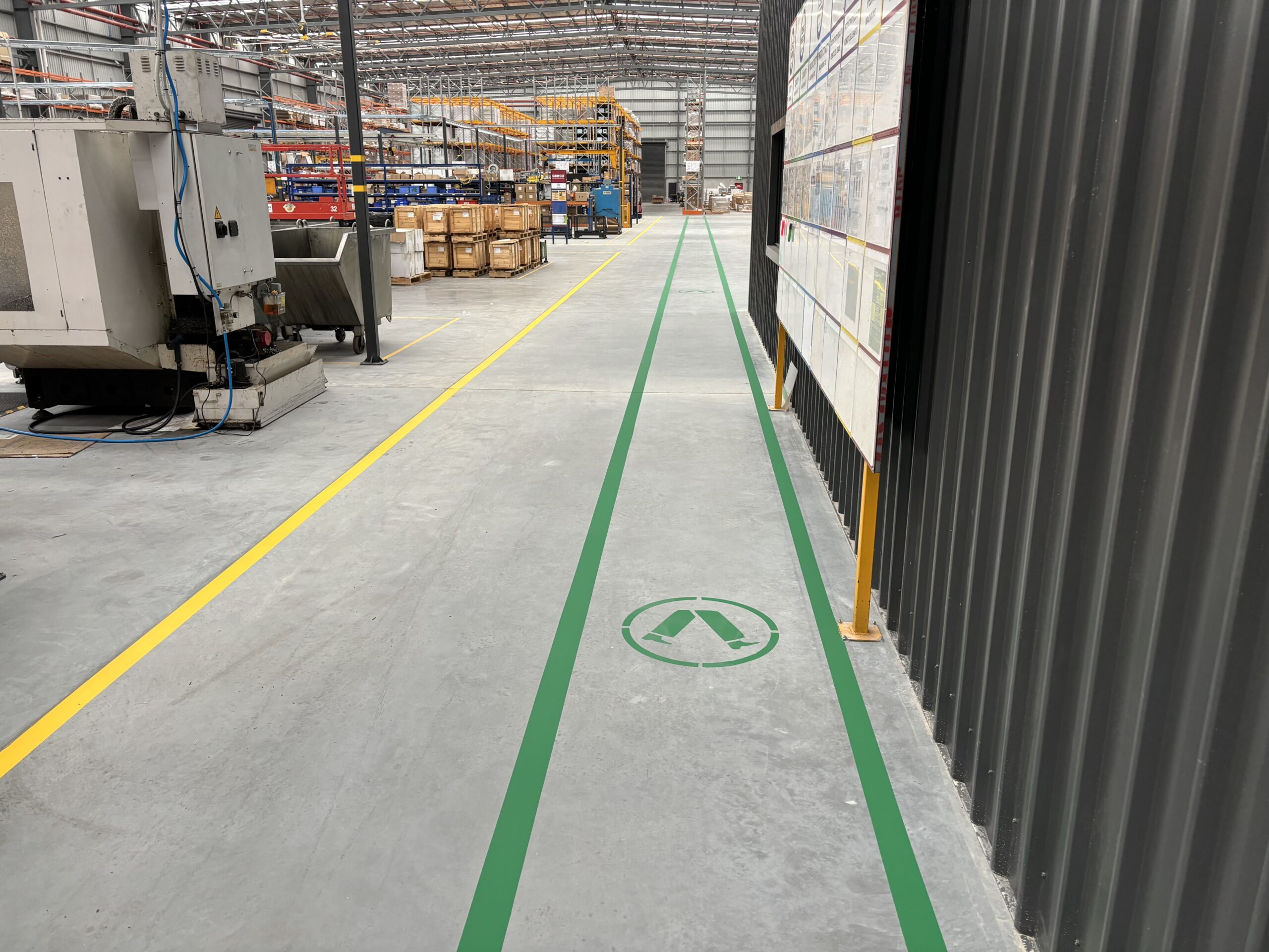 Green walkway line marking in factory
